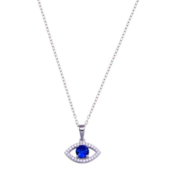 Rhodium Plated 925 Sterling Silver Evil Eye Blue CZ Necklace